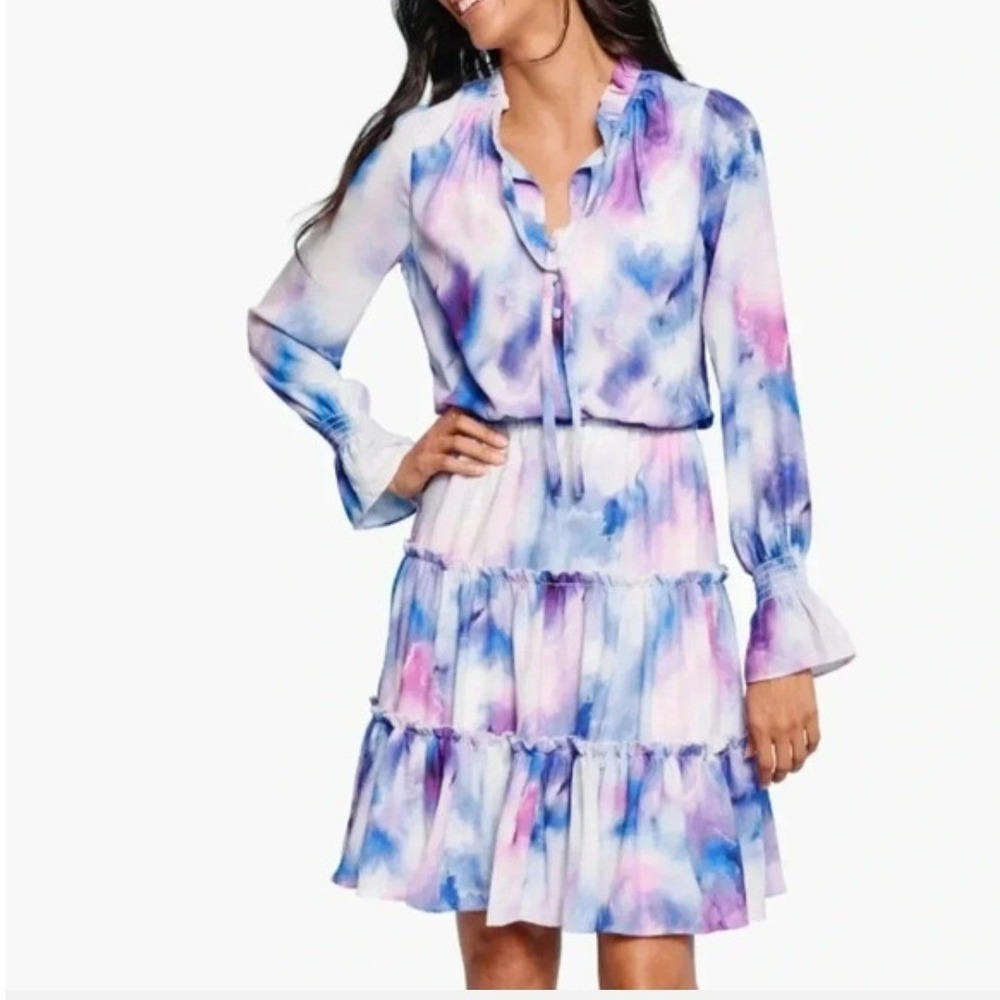 $129 New Ellen Tracy Purple Watercolor Tie Dye Tiered Ruffle Mini Dress XS boho